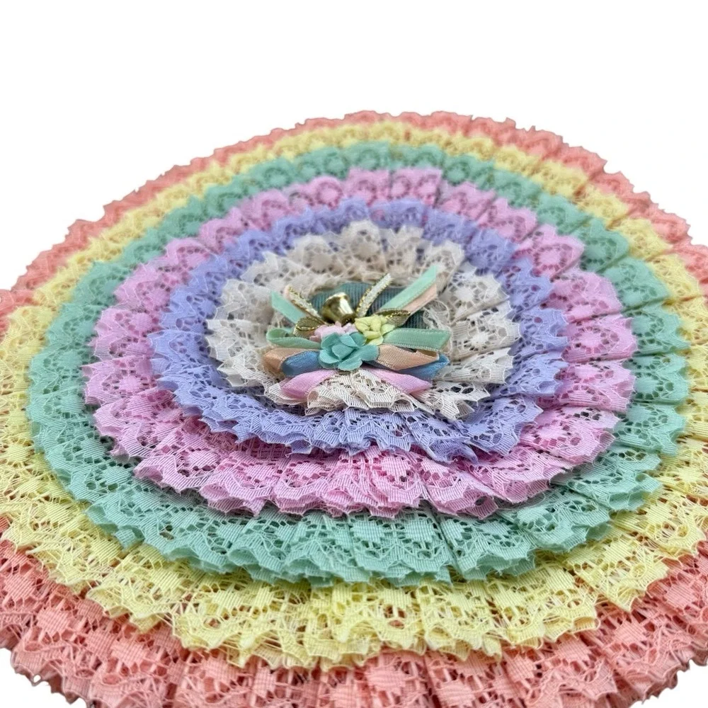 Pastel Rainbow Lace Ruffle Hand Fan Woven Straw Floral Decorative Cottagecore